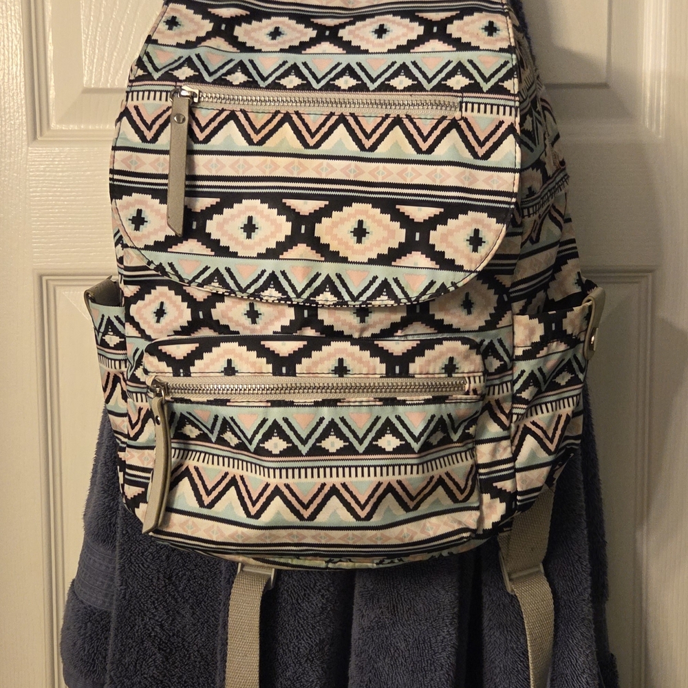 No Boundaries Aztec-Print Backpack in Black, Cream, Mint & Peach